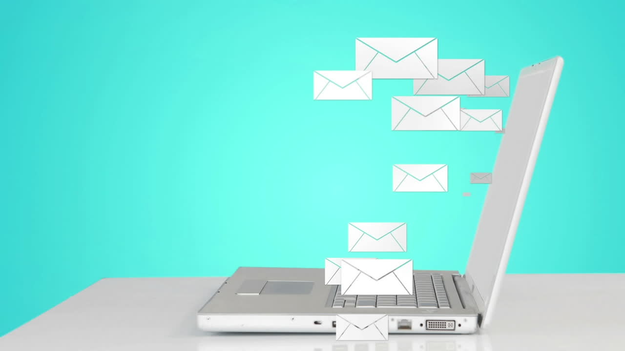 Animation of message icons floating over mid section of businessman using a laptop