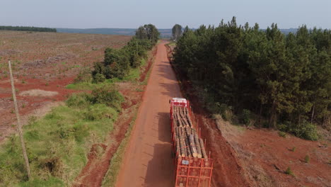 Aerial view of a loaded logging truck moving with wooden logs on a dirt road, Argentina.