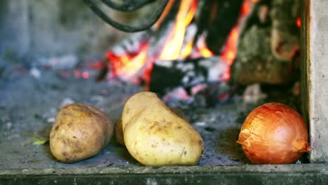 Frau-Legt-Eine-Kartoffel-Mit-Der-Hand-In-Die-Nähe-Des-Feuers,-Bevor-Sie-Auf-Einem-Grill-Gekocht-Wird