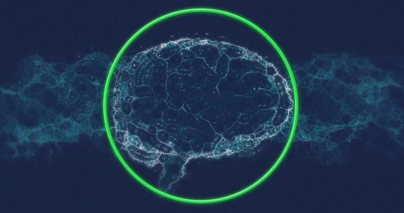 Digital Human Brain Animation Inside a Glowing Green Circle