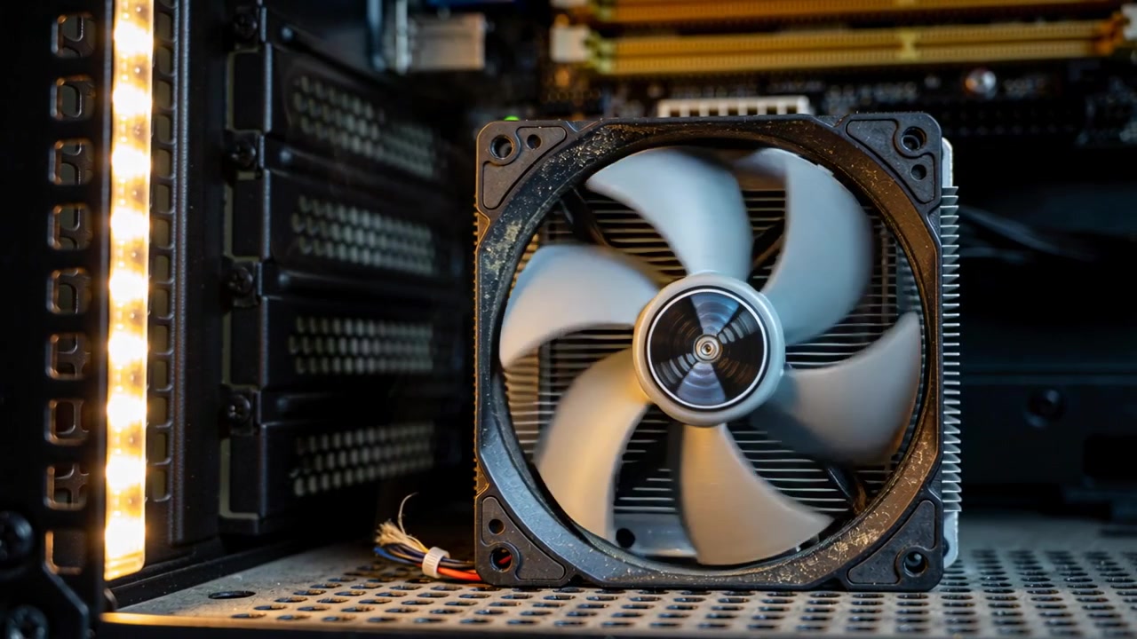 Spinning computer cooling fan rotating inside chassis with power running, cooling heat sink