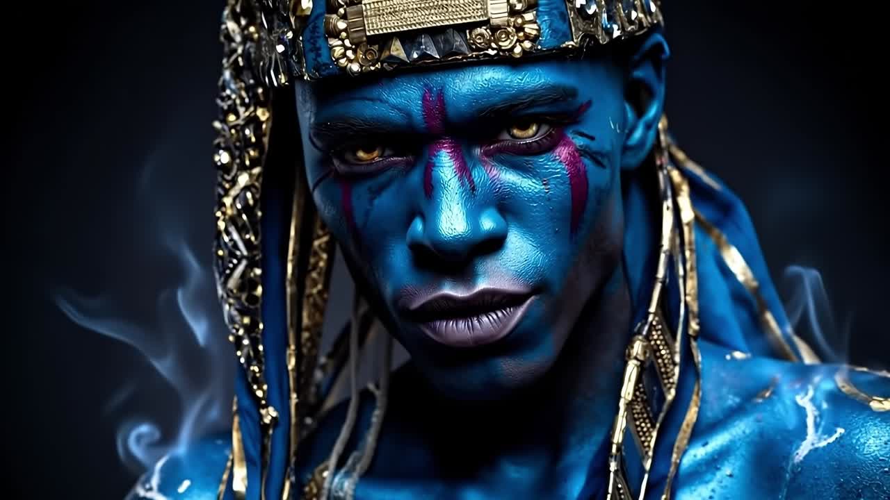 A man with blue face paint and a crown on his head