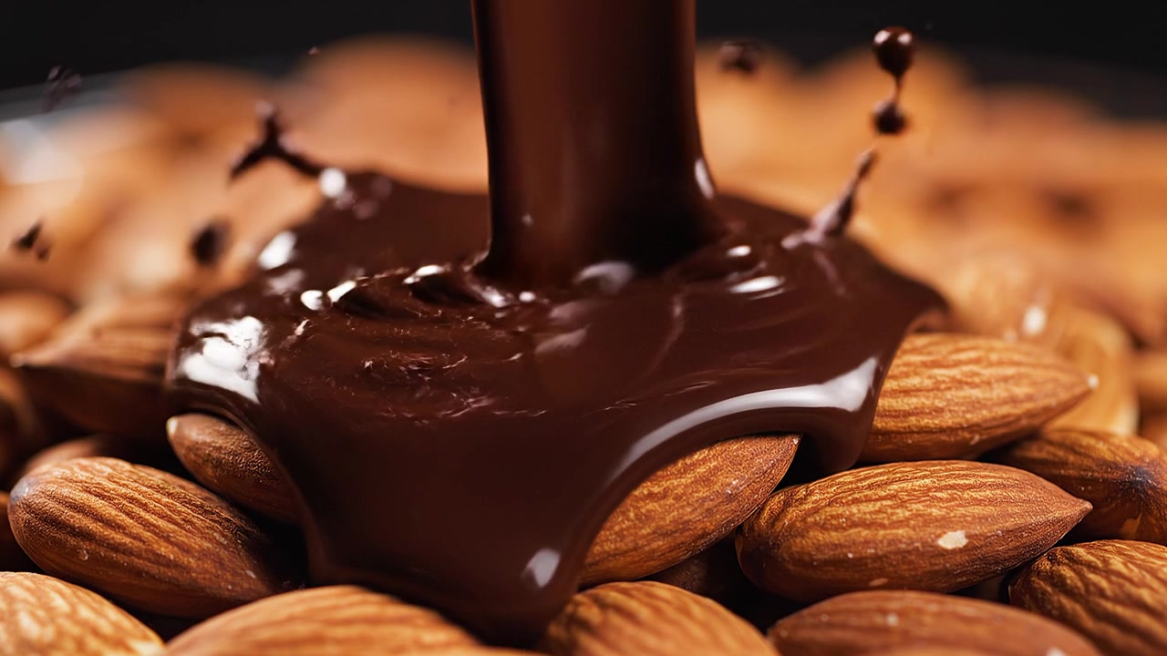 Cokelat Leleh Disiramkan di Atas Tumpukan Kacang Almond
