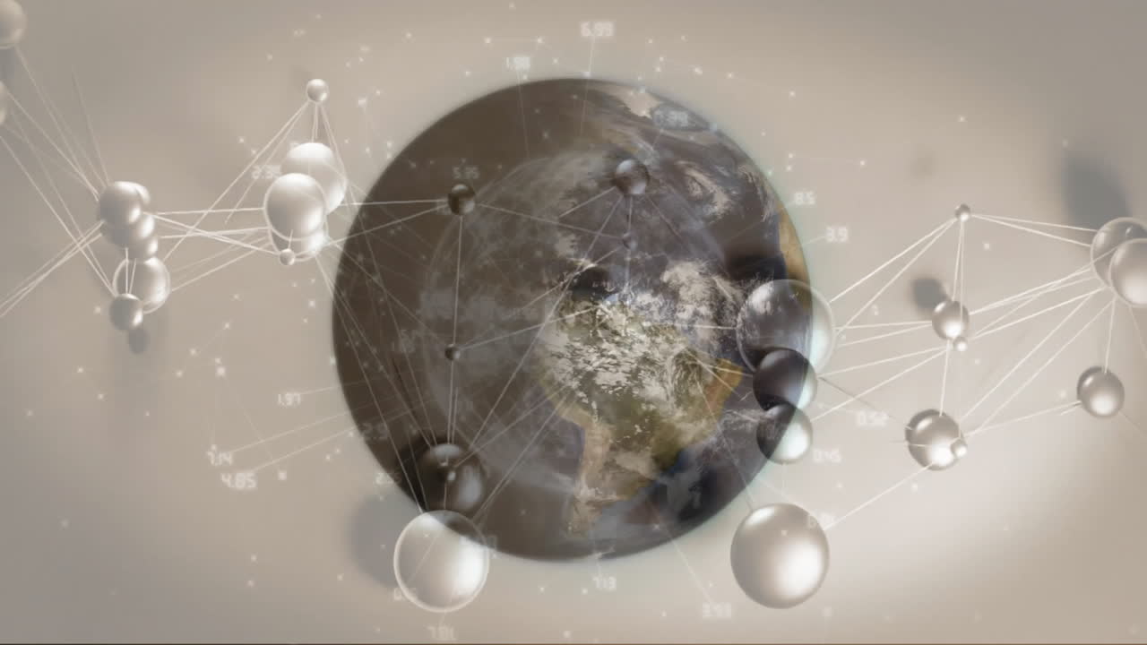 Animation of Earth surrounded by spheres and lines, symbolizing global communication