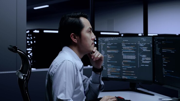 Programmer working late at night in a server room
