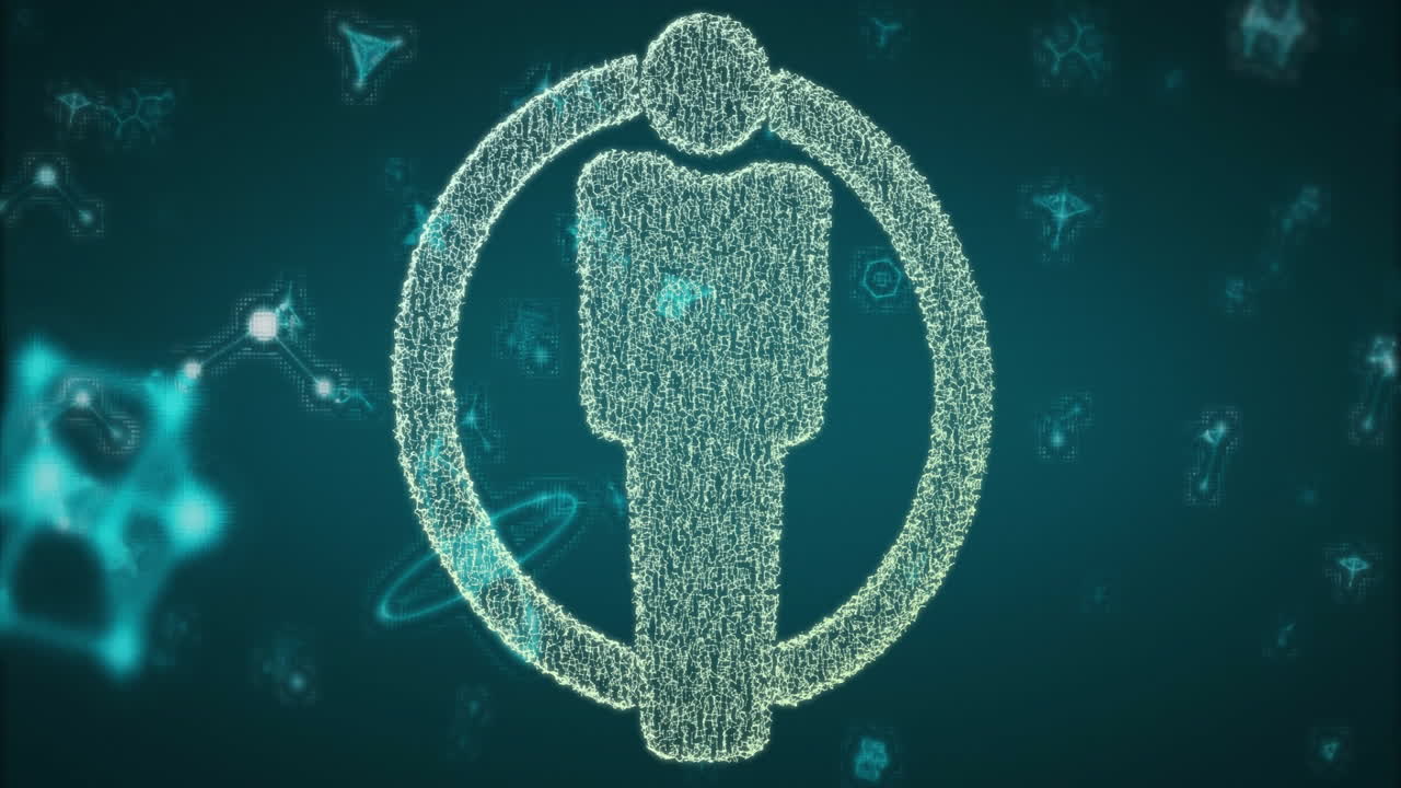 Animation of digital human figure with abstract blue shapes in background