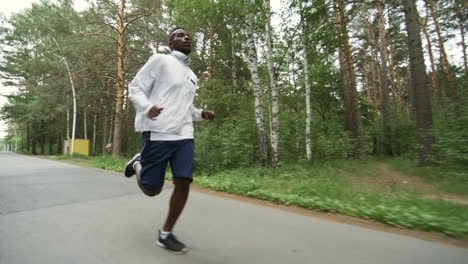 low angle view of man in windbreaker and short running along forest road on chilly morning