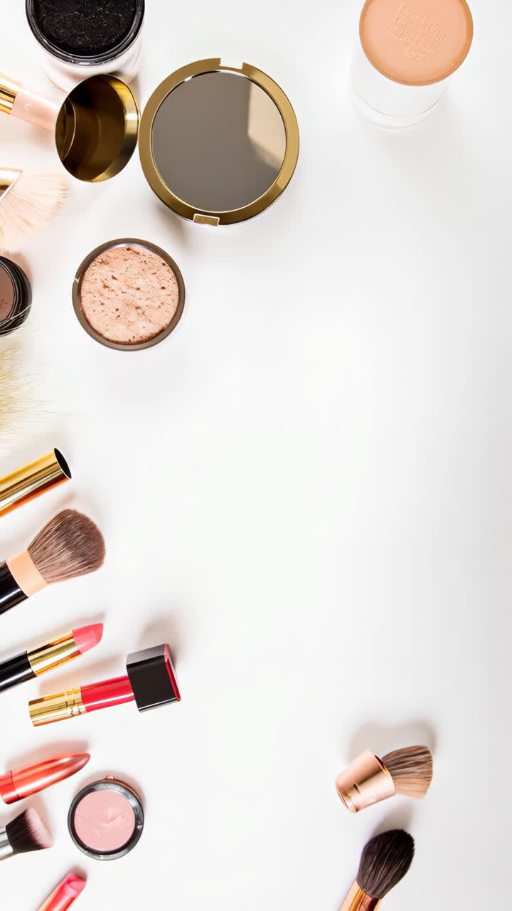 Overhead view of various makeup products and brushes on a white background