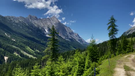 Panning-shot-of-the-Gais-Valley-with-snow-covered-peaks-behind,-located-in-Austria