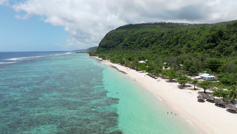 idyllic scenery at lalomanu beach in samoa island, south coast upolu - aerial drone shot