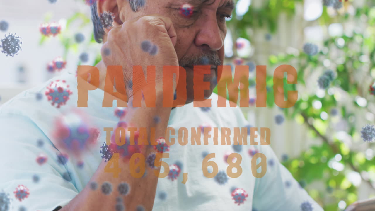 texto pandémico con texto creciente contra el hombre afroamericano que usa tableta digital