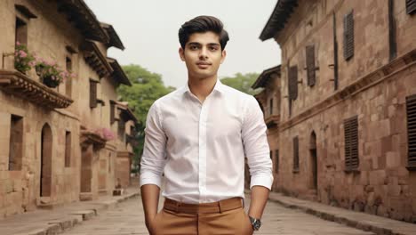 young indian businessman standing in the middle of a street in a traditional old town, wearing a white shirt and beige trousers, with his hands in his pockets