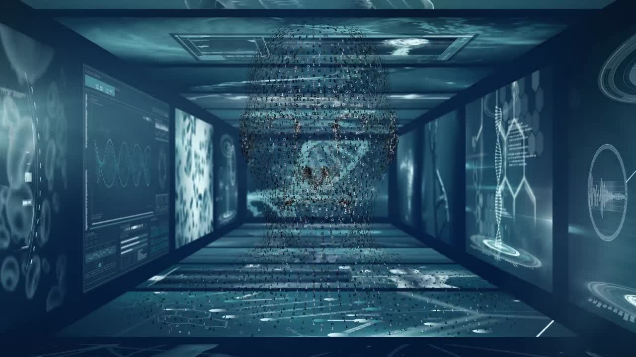 Animation of dna rotating over diverse scientific data on screens on green background