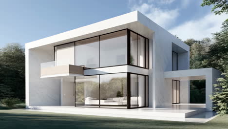 modern minimalist house with large glass windows and green surroundings