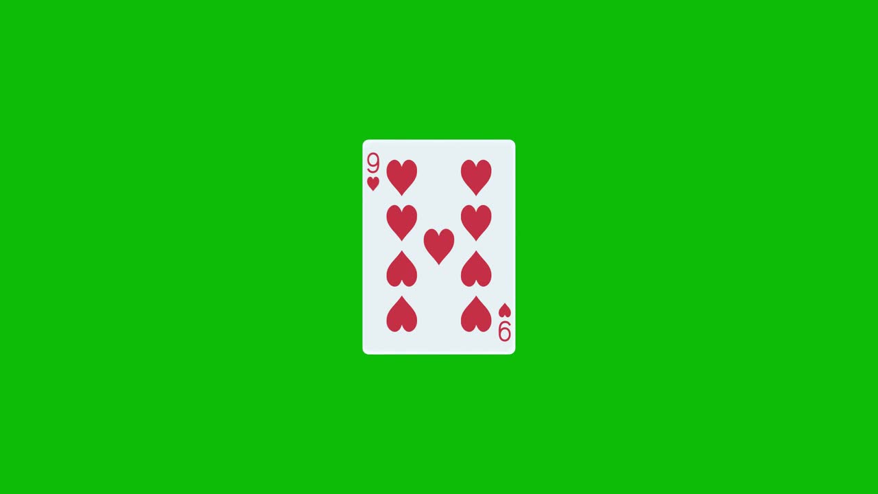 Una carta da poker con il nove di cuori ruota e si rivela su uno schermo verde, animazione 3D. Puoi modificare i tempi della clip per controllare l'effetto di rivelazione