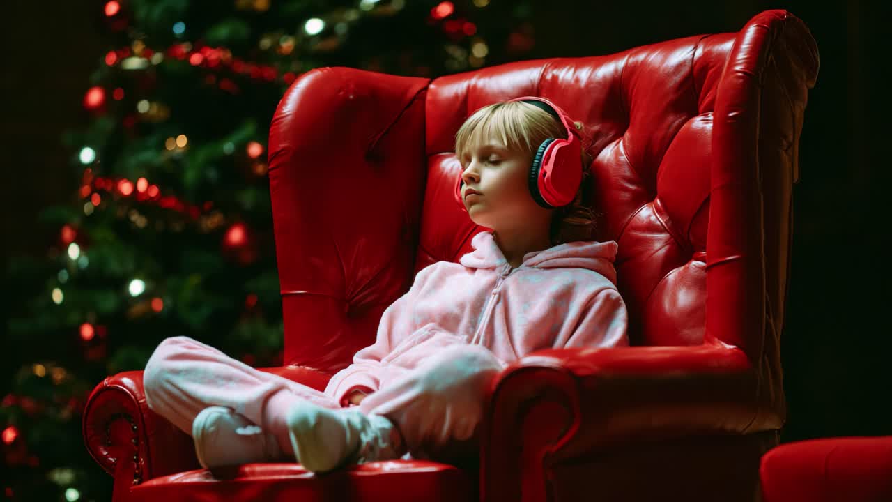 A Cozy Christmas Moment: A Young Child Enjoys the Festive Ambiance While Relaxing in a Plush Red Chair, Wearing Headphones, and Immersed in a Magical Holiday Atmosphere