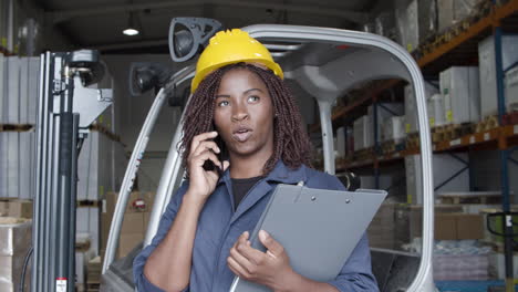 african american female worker talking on phone, standing in storehouse and holding a clipboard