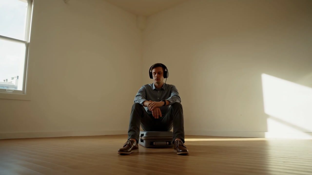 Black Man Sits On Suitcase In Empty Apartment, Wearing Headphones, Gazing Toward Window As Warm Sunlight Forms