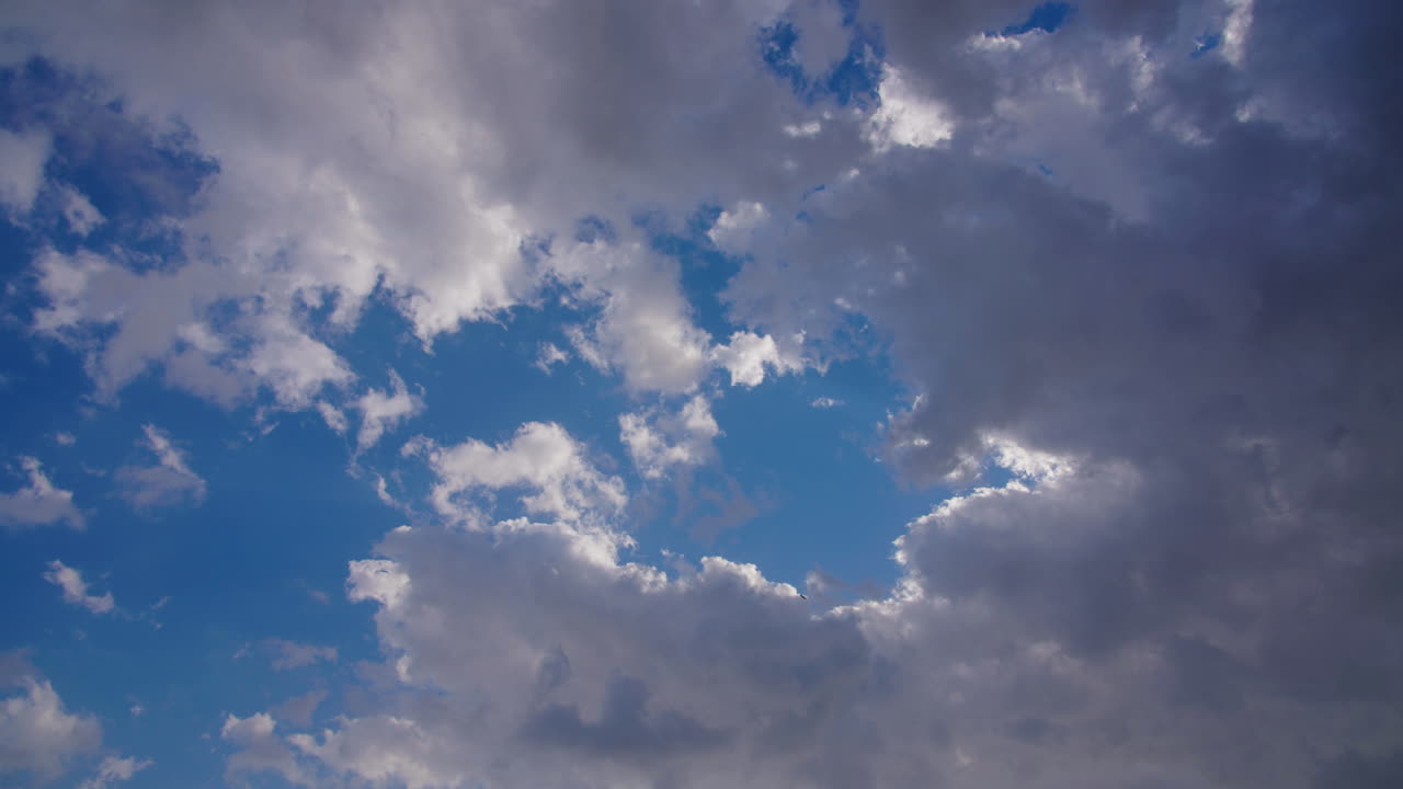 Cielo blu con nuvole bianche e scure in movimento
