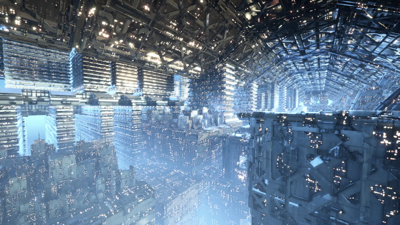 Futuristic sky city with advanced architecture and glowing structures