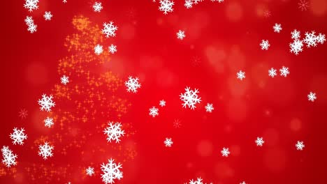 Snowflakes-falling-against-shooting-star-forming-a-christmas-tree-on-red-background