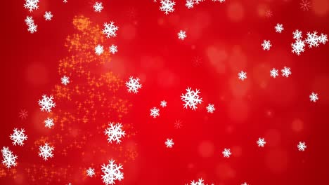 snowflakes falling against shooting star forming a christmas tree on red background