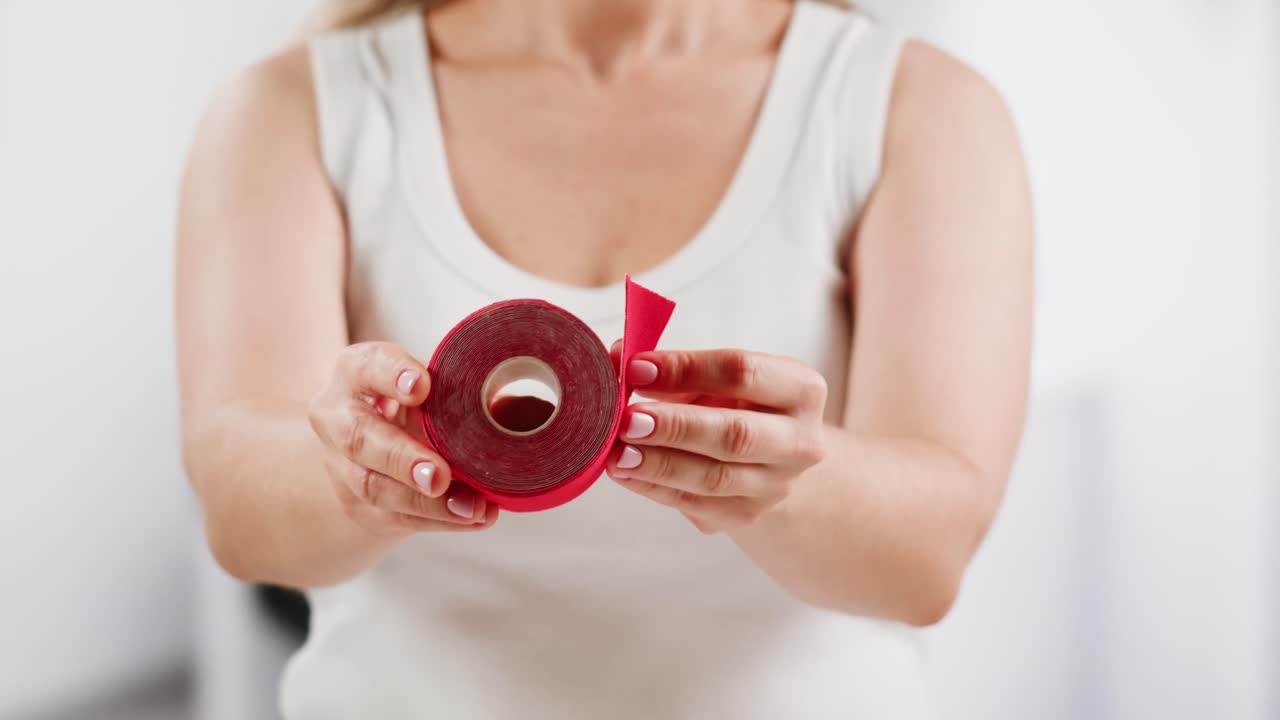 Kinesiology medical taping, doctor Physical therapist applying elastic surgical tape to patient body, treating injured knee young athlete.Post traumatic rehabilitation, sport physical therapy recovery