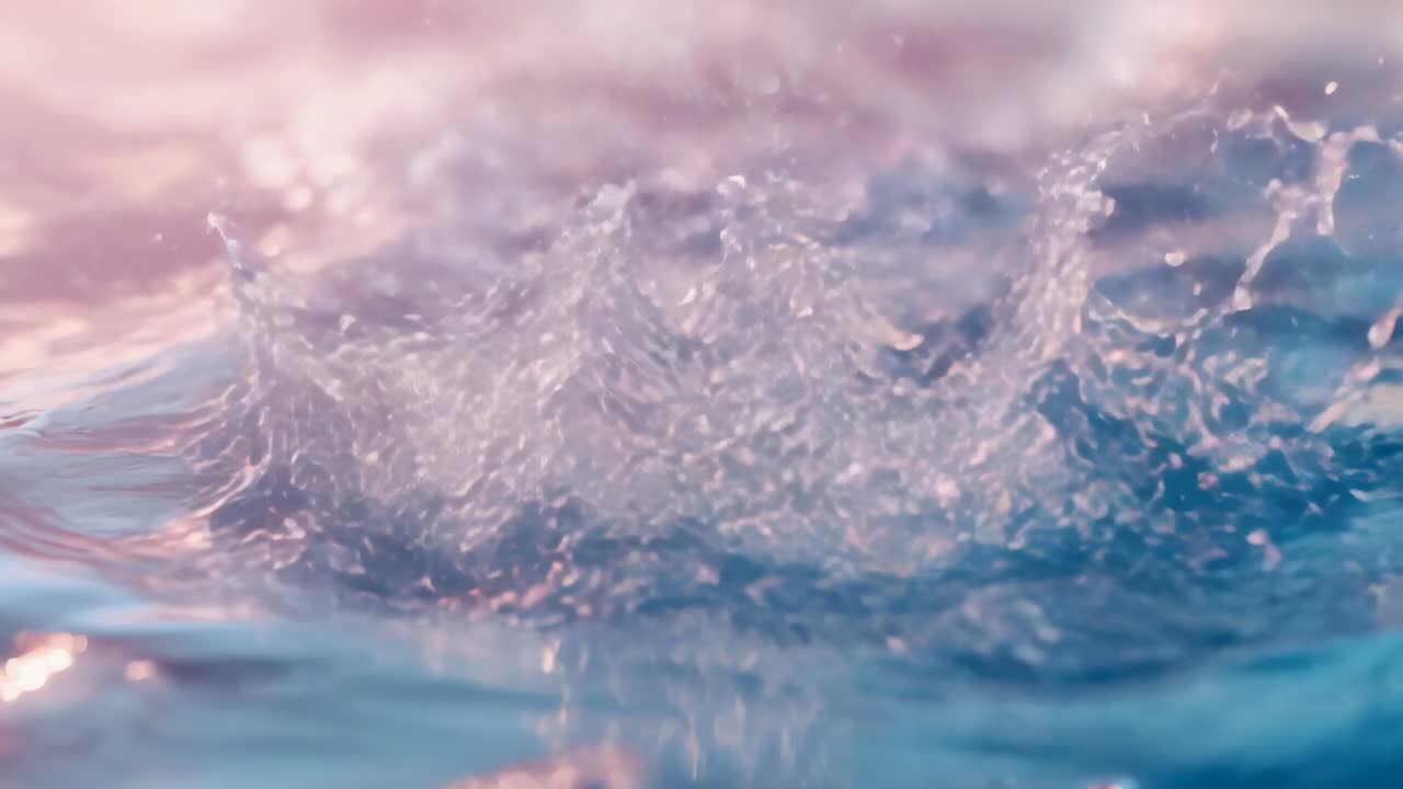 Droplet falling onto lake at sunrise, with splash crown scattering droplets and rippling waves