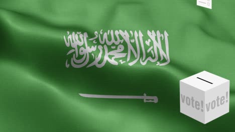 ballots fly to box for saudi arabia selection - ballot box in front of flag - election - vote - flag of saudi arabia - saudi arabia flag high detail - national flag saudi arabia wave pattern loopable elements