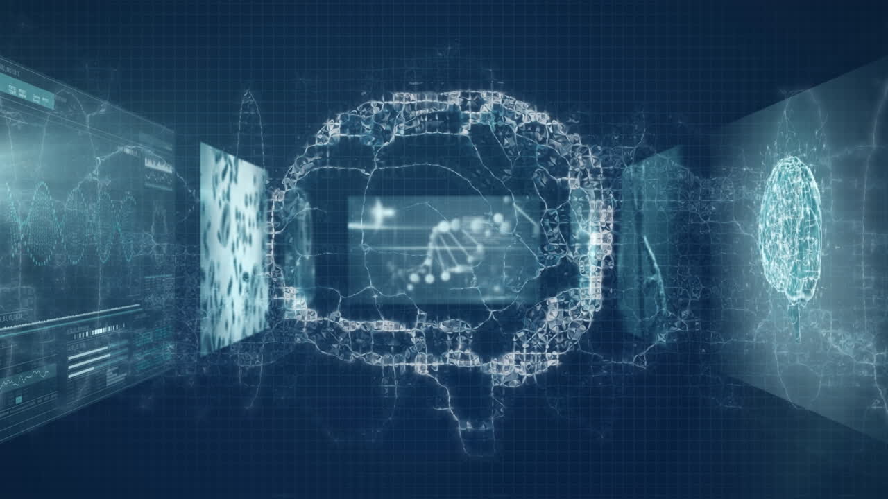 Animation of brain rotating over diverse scientific data on screens on navy background