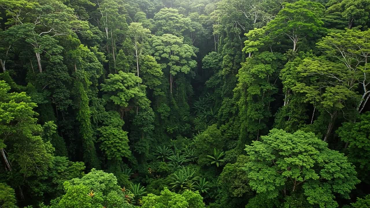 Rigogliosa chioma verde che sovrasta una fitta valle della giungla ripresa dall'alto, che mostra una flora vivace e la serenità di una natura incontaminata in tutto il suo splendore