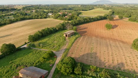 aerial from a tool shed to a view of farm with animals and fields