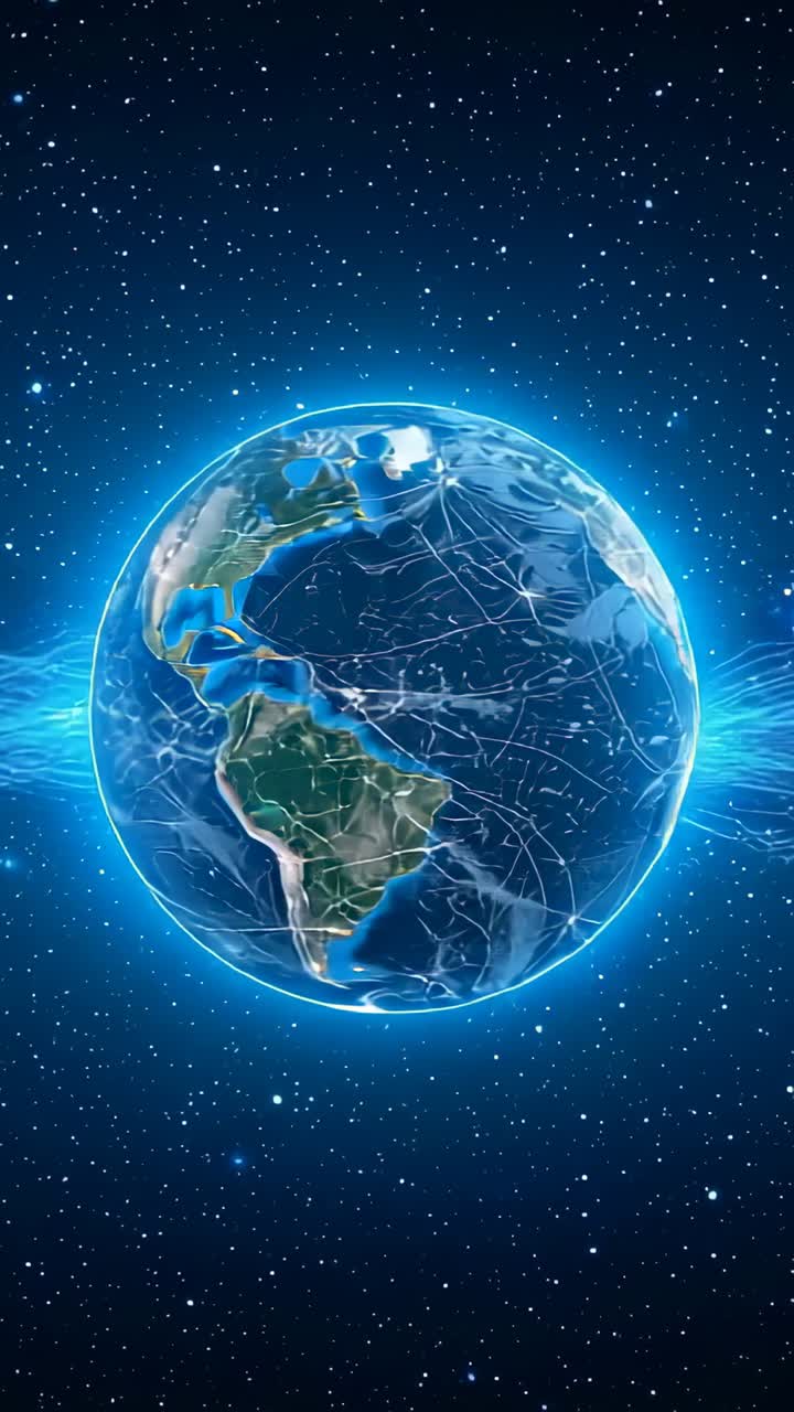 Vídeo vertical: globo digital giratório pulsando grade e pulsos de energia no espaço, revelando rede