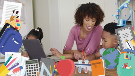 animation of school items over african american mother and children learning at home
