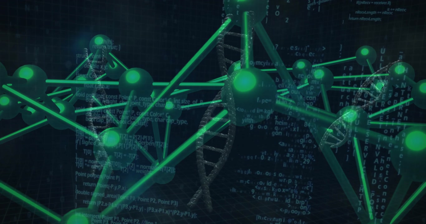 Upon sequence start, nodes and rods showing DNA helices, camera orbiting, code scrolling for demo