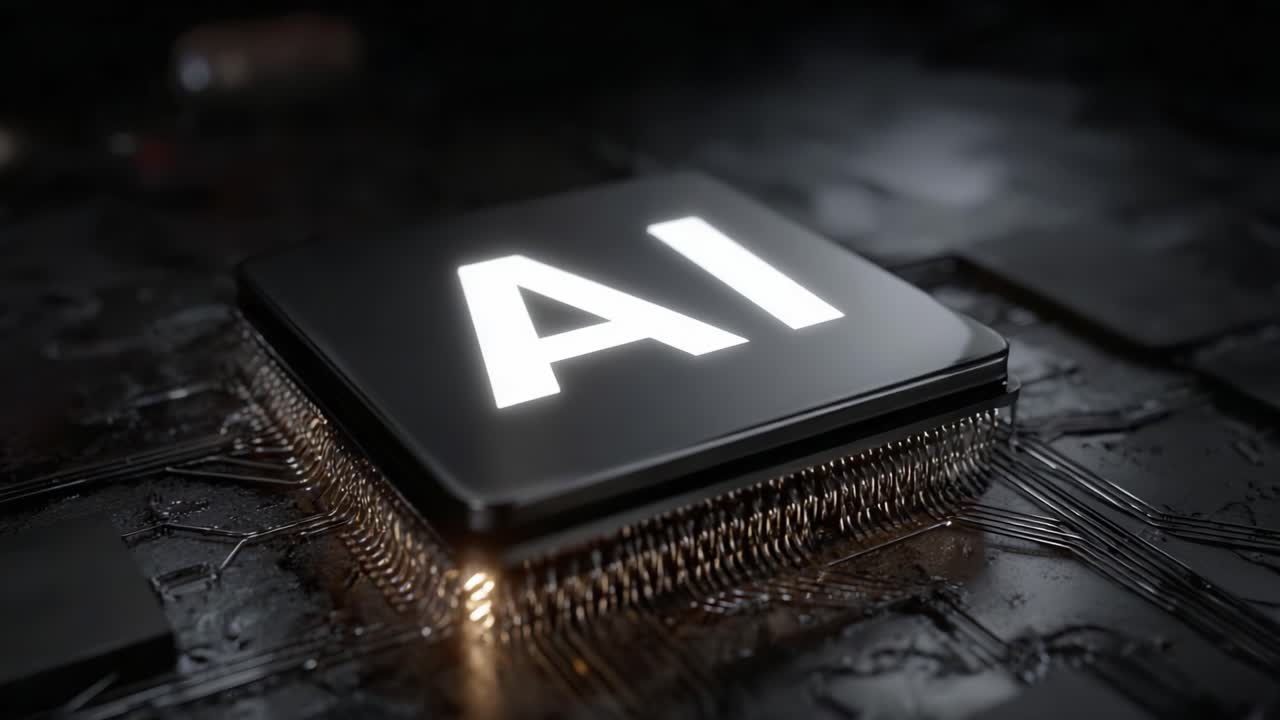 Exploring the Advancements in Artificial Intelligence Technology through Stunning Visuals of a Microchip Featuring Prominent 'AI' Lettering in a Dark Circuitry Background