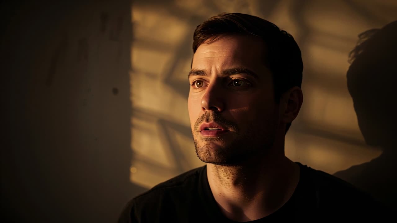 Uomo seduto contro una parete semplice, la luce del sole che filtra dalle persiane crea un gioco di sguardi mutevoli per l'illuminazione cinematografica.