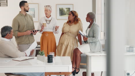 discussion, teamwork and business people in office