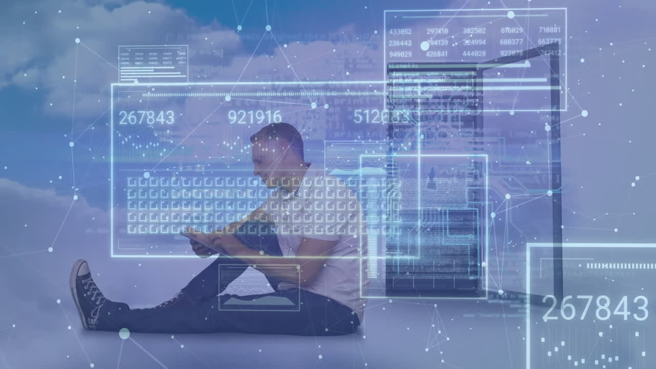 Animation of spots and network of connections over data processing, white man using smartphone