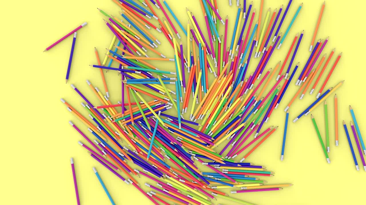 많은 다채로운 연필이 서서 떨어집니다.