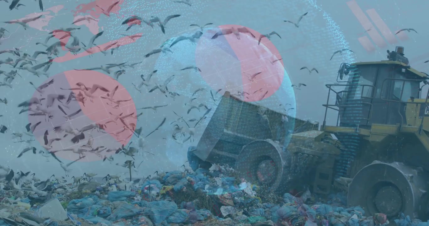 Animazione di un globo con statistiche ed elaborazione dati sopra un bulldozer in un terreno desolato.