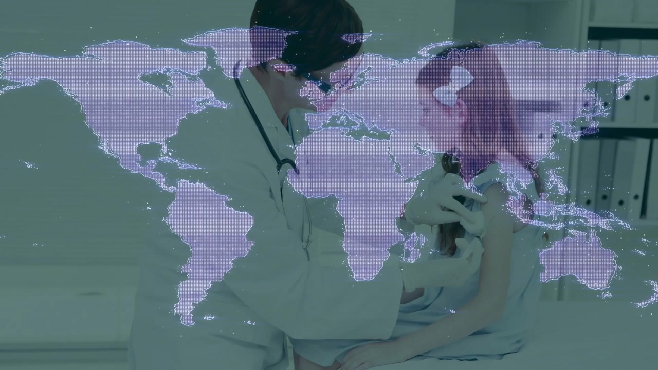 Doctor placing stethoscope on child, doing exam for health while purple world map overlaying frames