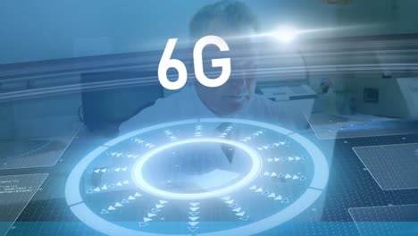 animación de procesamiento de datos y texto de 6g sobre médico caucásico en el laboratorio.