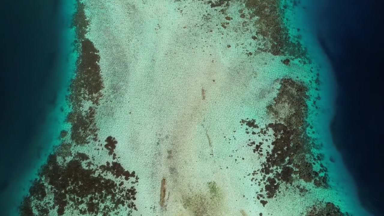 Un banco de arena rodeado de agua turquesa y arrecifes de coral en un paisaje tropical, vista aérea