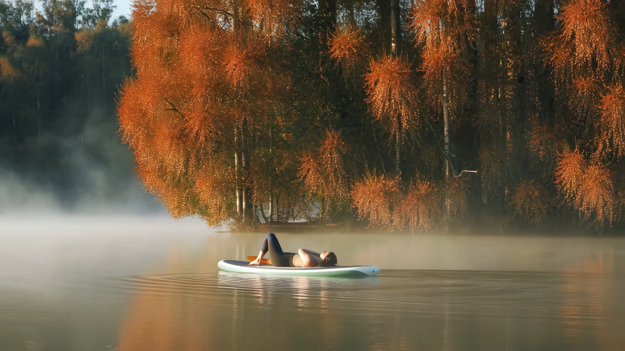 Person relaxing on a paddleboard on a misty lake with autumn trees