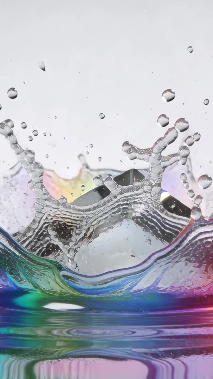 Vertical video: Dropping clear faceted cube hitting rainbow pool in studio, making crown splash