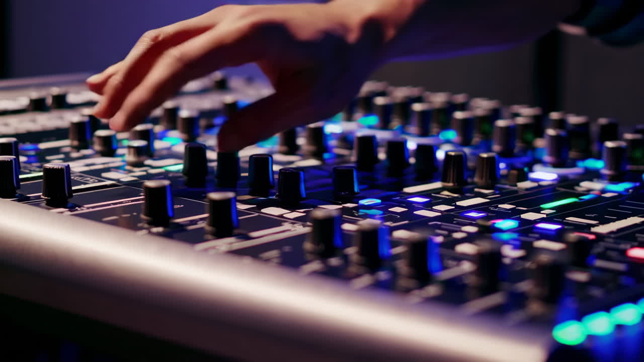 A hand adjusting controls on a professional sound mixer with colorful lights