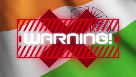 Animación-De-La-Palabra-Advertencia-Escrita-Sobre-Una-Bandera-India-Al-Fondo.