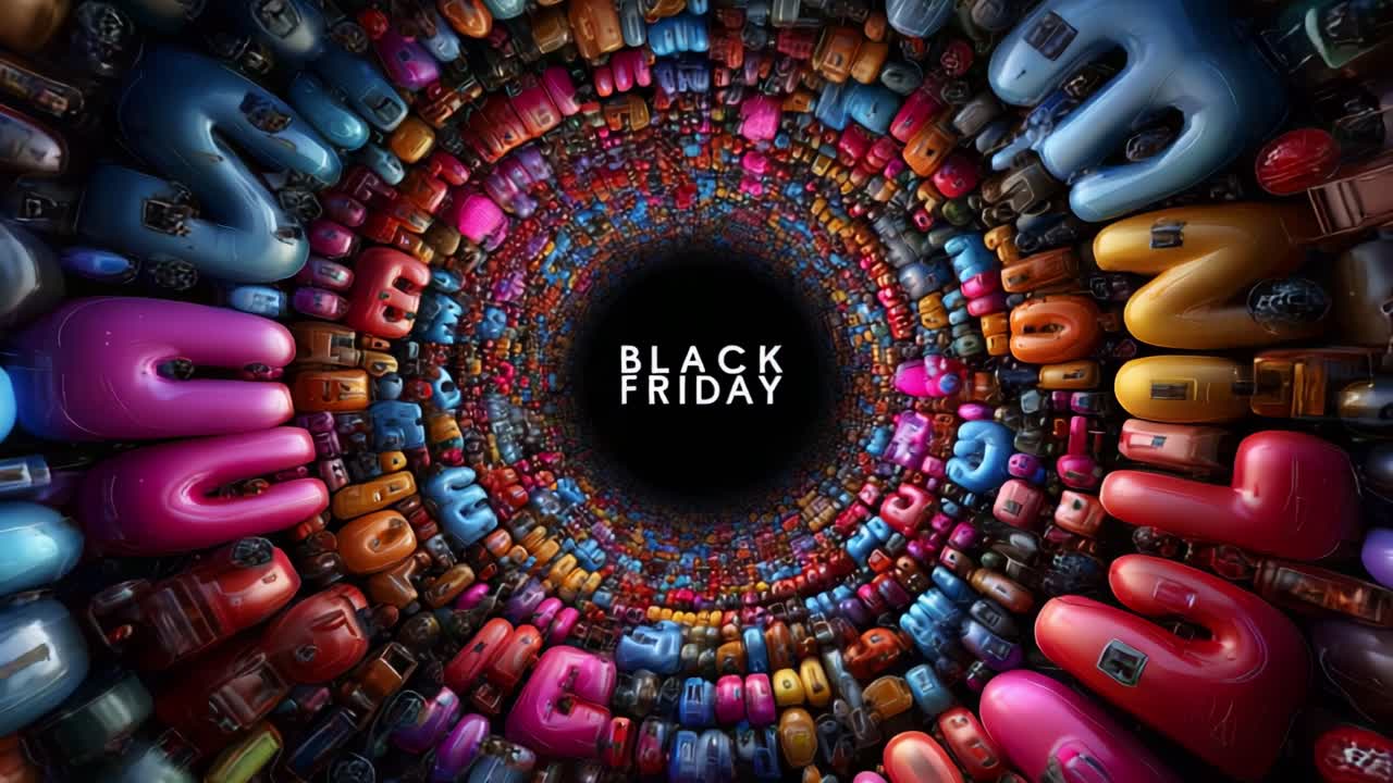 A Vibrant, Spiraling Kaleidoscope of Colorful Products Captivatingly Draws the Eye into the Enigmatic Center, Where the Iconic 'Black Friday' Message Shines Brightly Amidst the Chaos