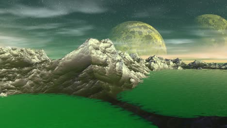 planeta alienígena. montaña y agua. animación. panorama. 4k